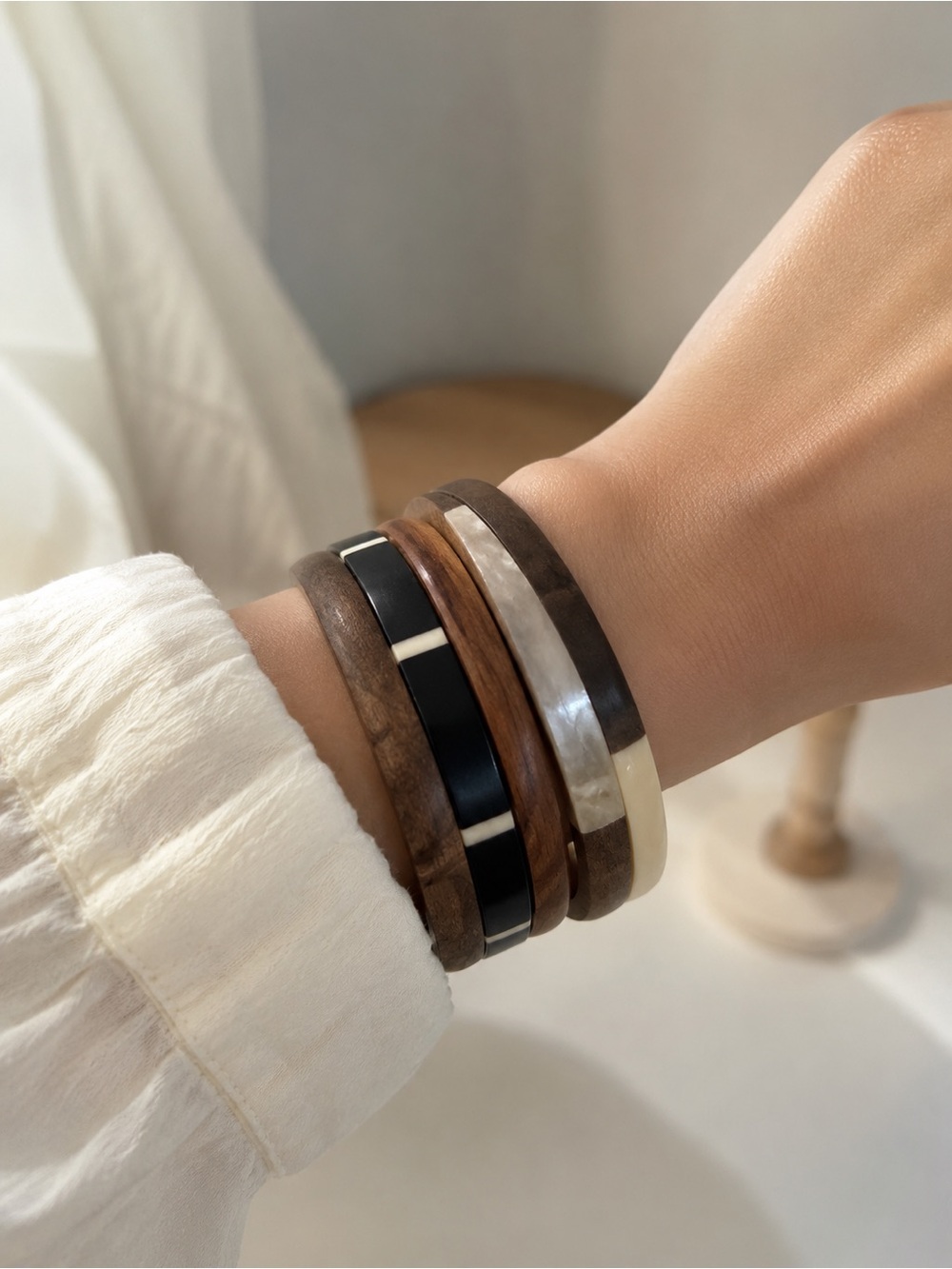 Zara Men’s  and Women’s Wood and Ivory Inlay Cuff Bracelet